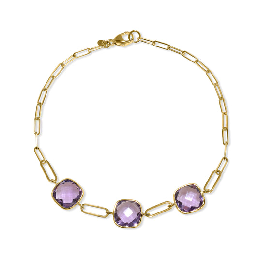14k Amethyst 3 Cushion Bezel Paperclip Bracelet