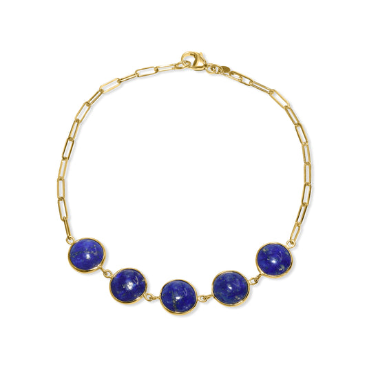 14k Lapis 5 Round Bezel Paperclip Bracelet