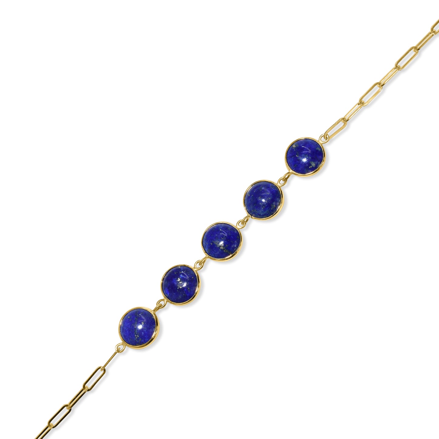 14k Lapis 5 Round Bezel Paperclip Bracelet