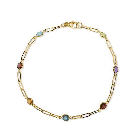 14k Multi Gemstone 7 Station Paperclip Bracelet