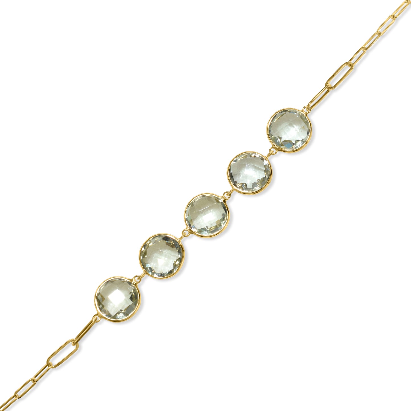 14k Green Amethyst 5 Round Bezel Paperclip Bracelet