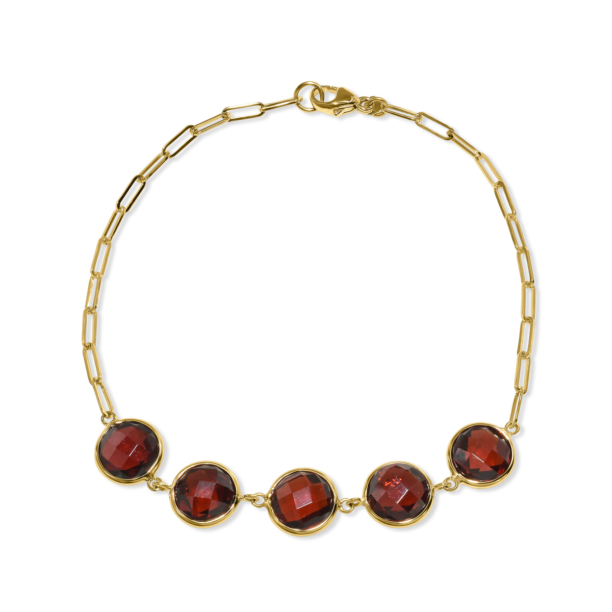 14k Garnet 5 Round Bezel Paperclip Bracelet