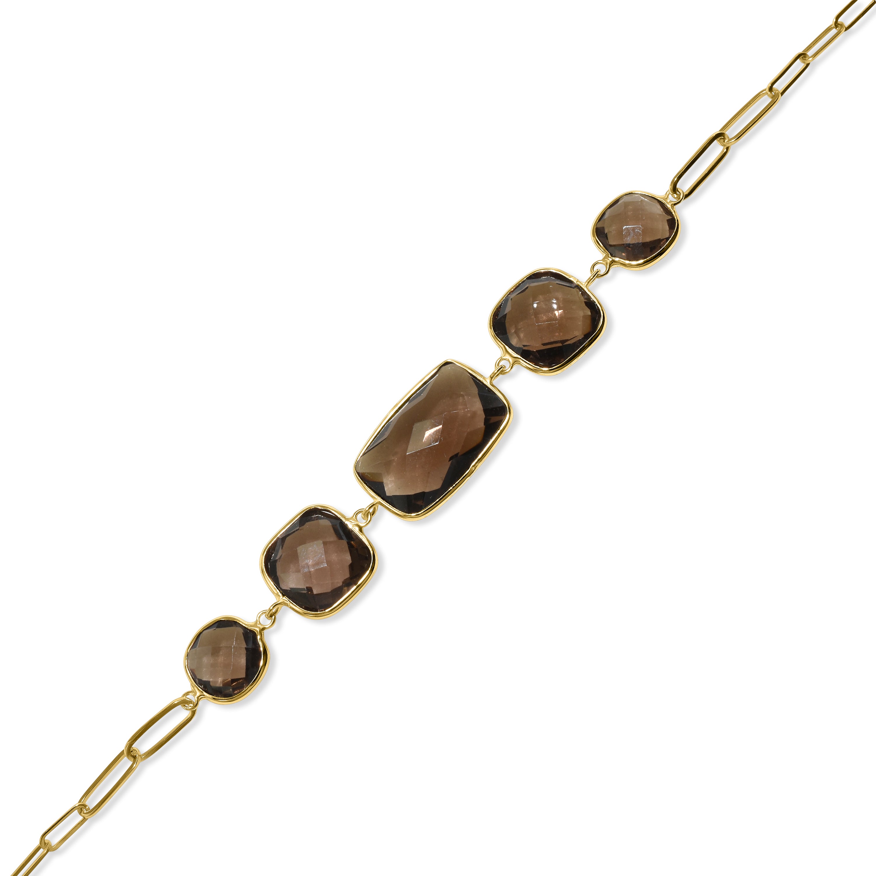 14k Smoky Quartz 5 Cushion Bezel Paperclip Bracelet