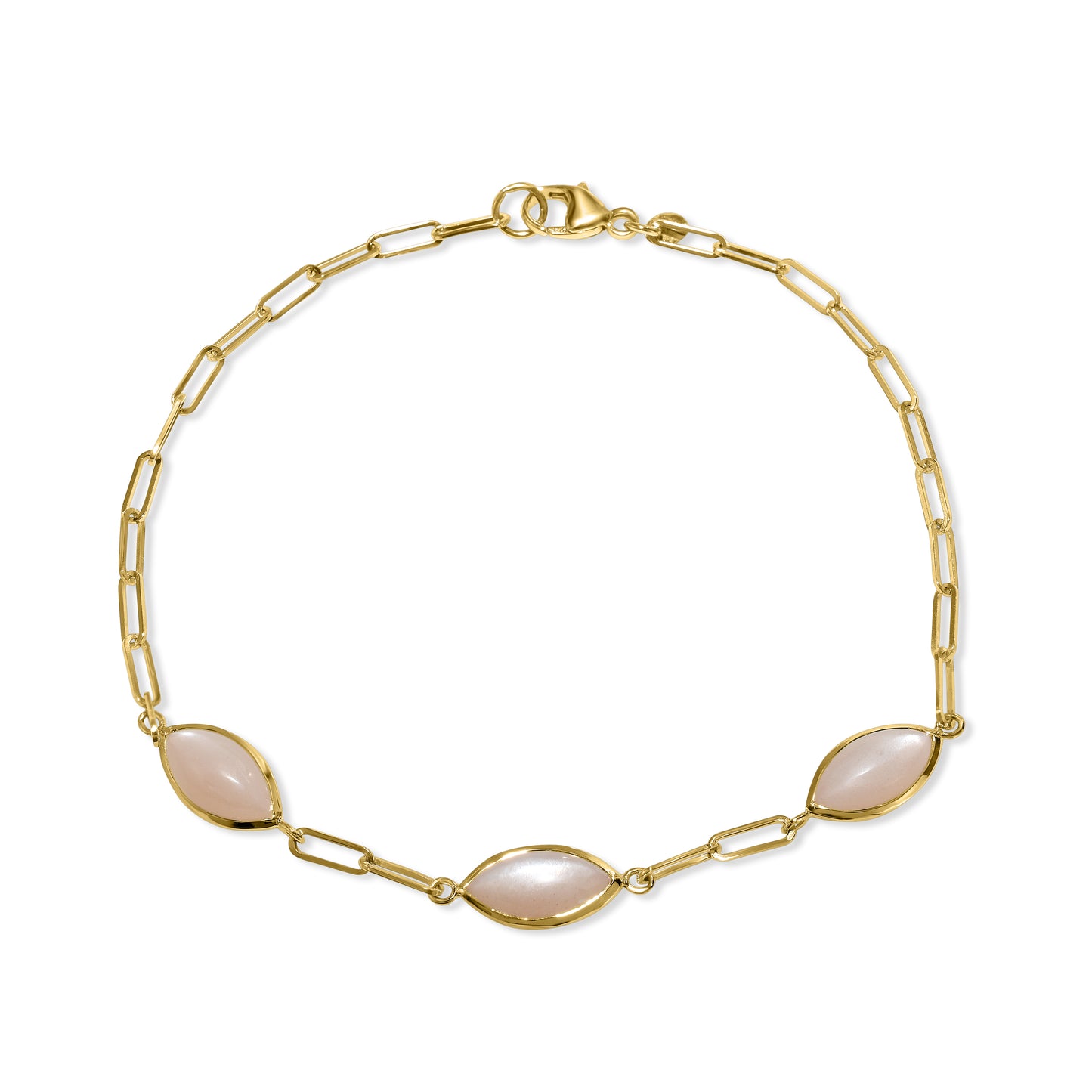 14k Moonstone 3 Marquise Bezel Paperclip Bracelet