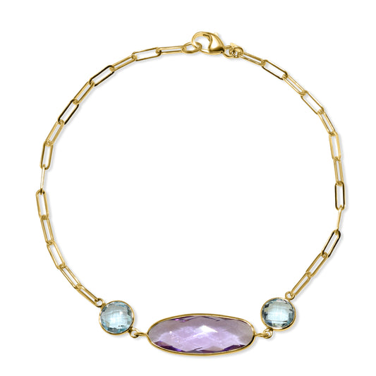 14k Blue Topaz Amethyst Paperclip Bracelet