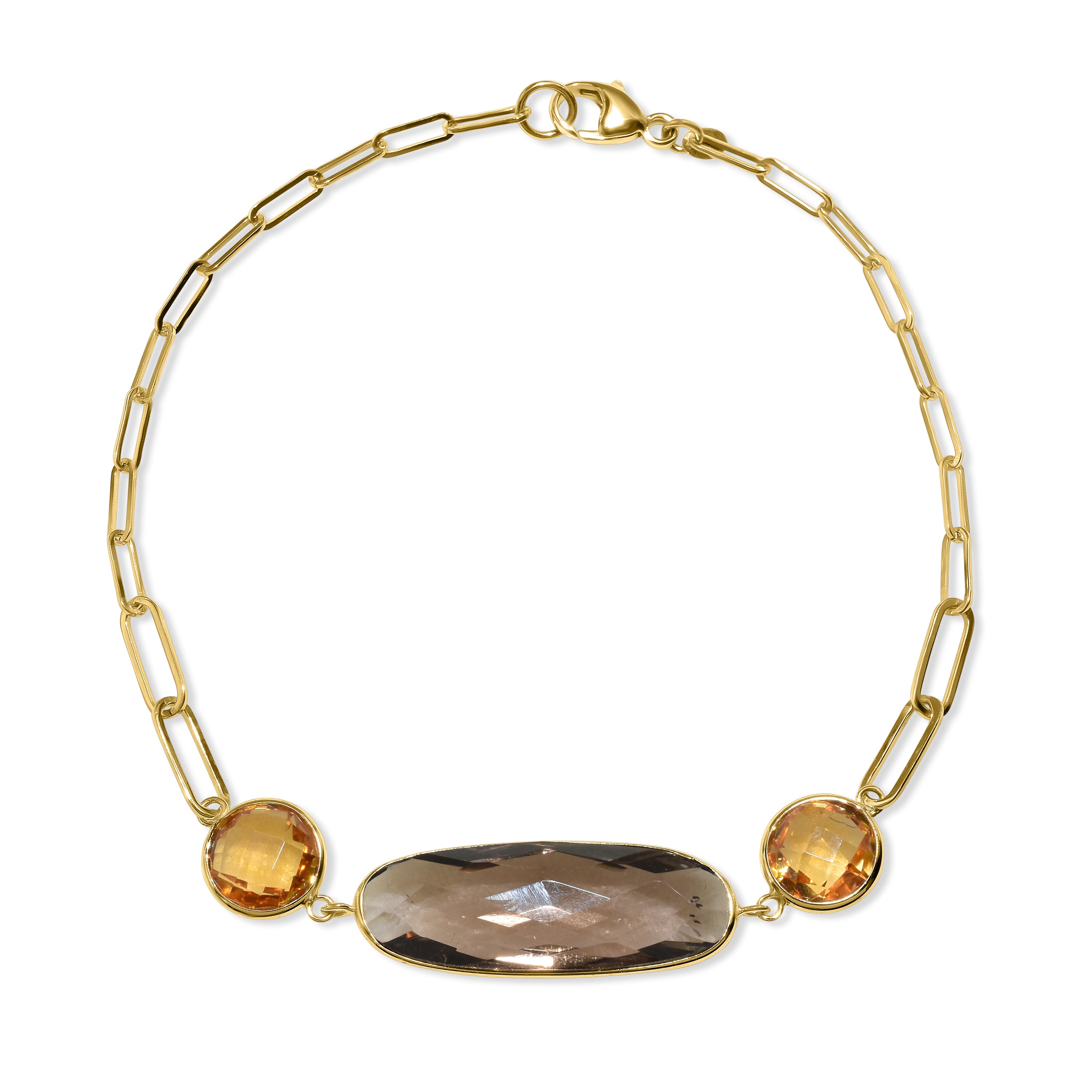 14k Smoky Quartz Citrine Paperclip Bracelet