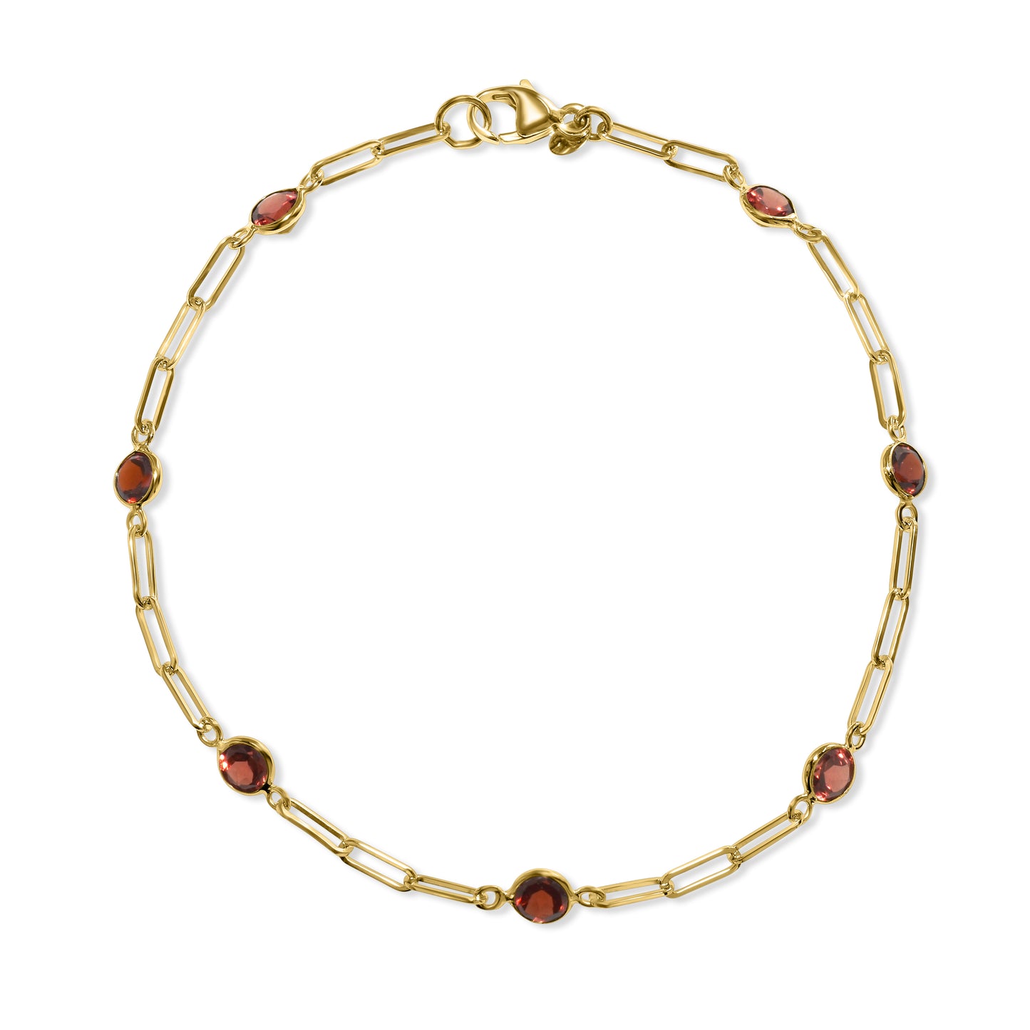 14k Garnet 7 Round Bezel Paperclip Bracelet