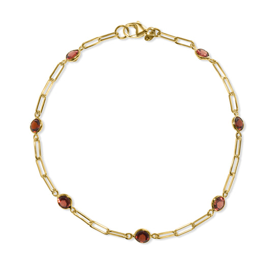 14k Garnet 7 Round Bezel Paperclip Bracelet