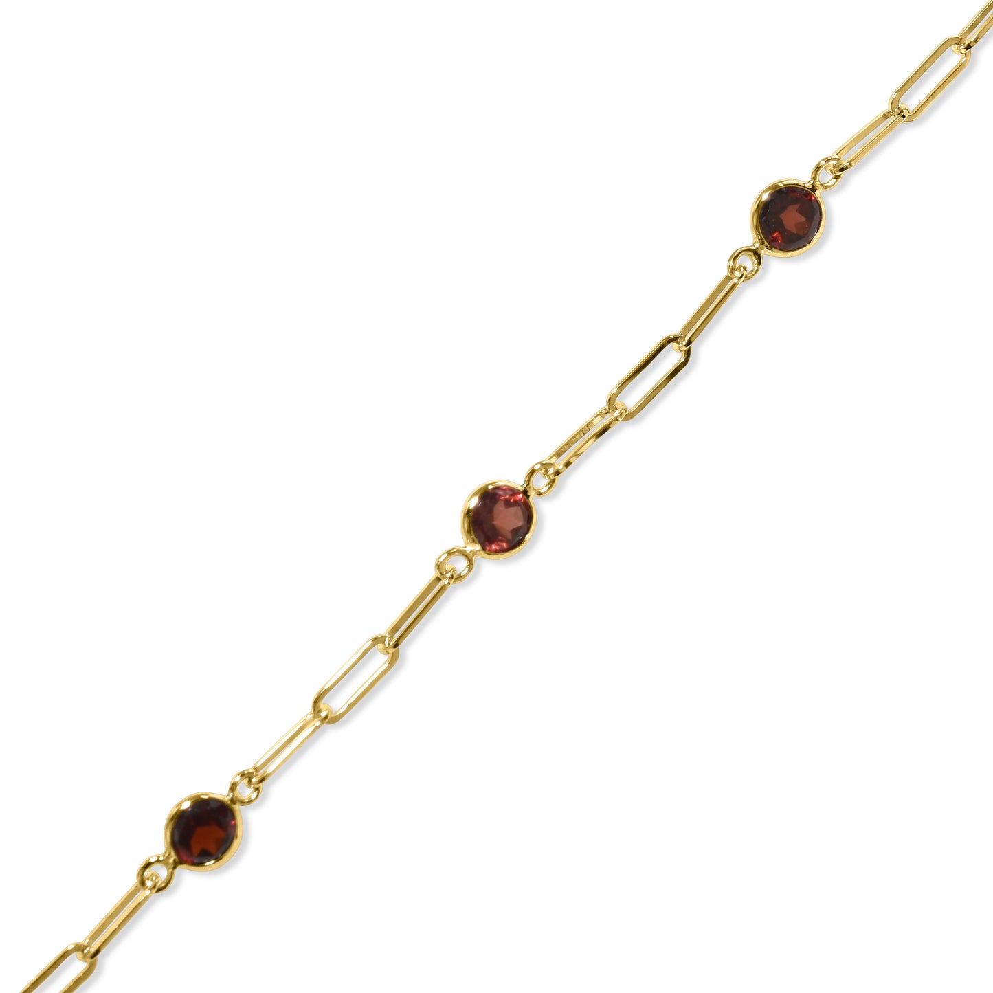 14k Garnet 7 Round Bezel Paperclip Bracelet