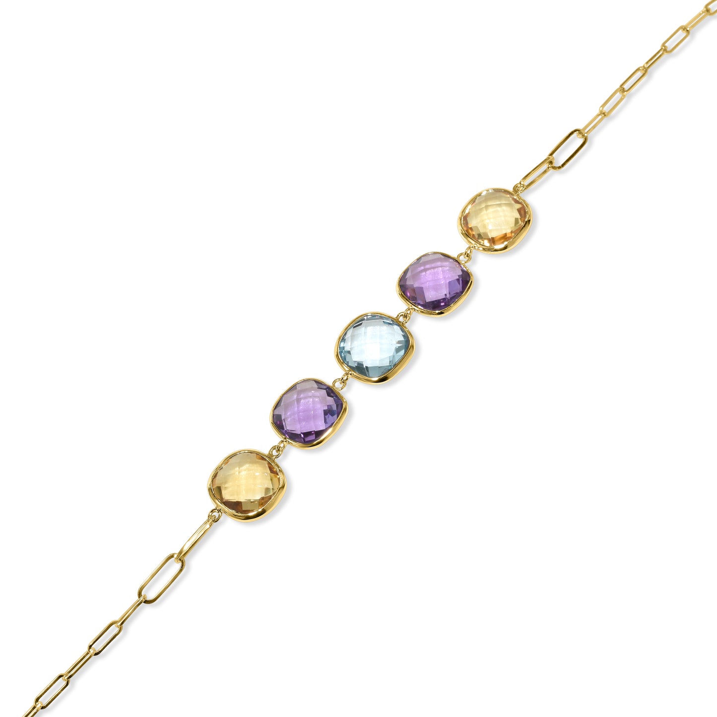 14k Multi Gemstone 5 Cushion Paperclip Bracelet