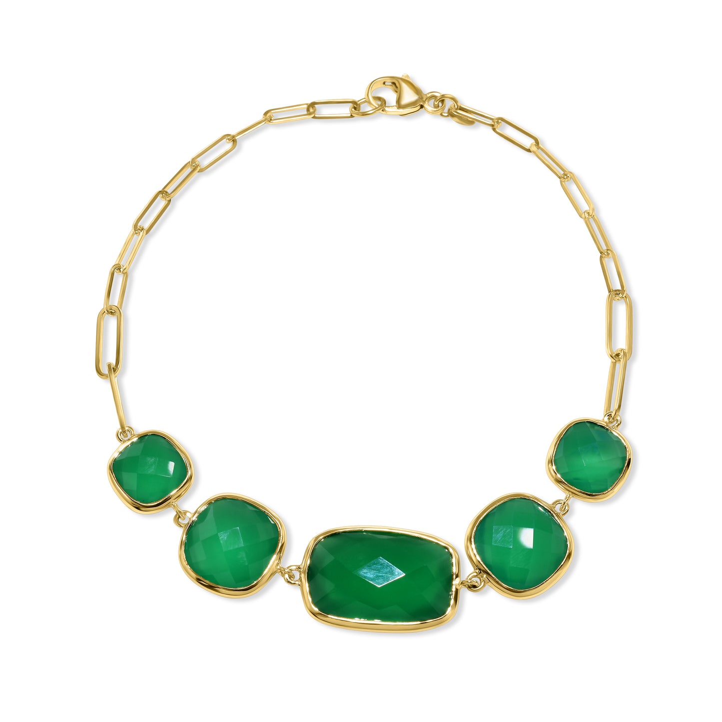 14k Green Onyx 5 Bezel Paperclip Bracelet