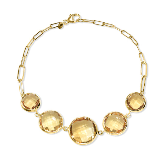 14k Citrine 5 Graduated Round Bezel Paperclip Bracelet