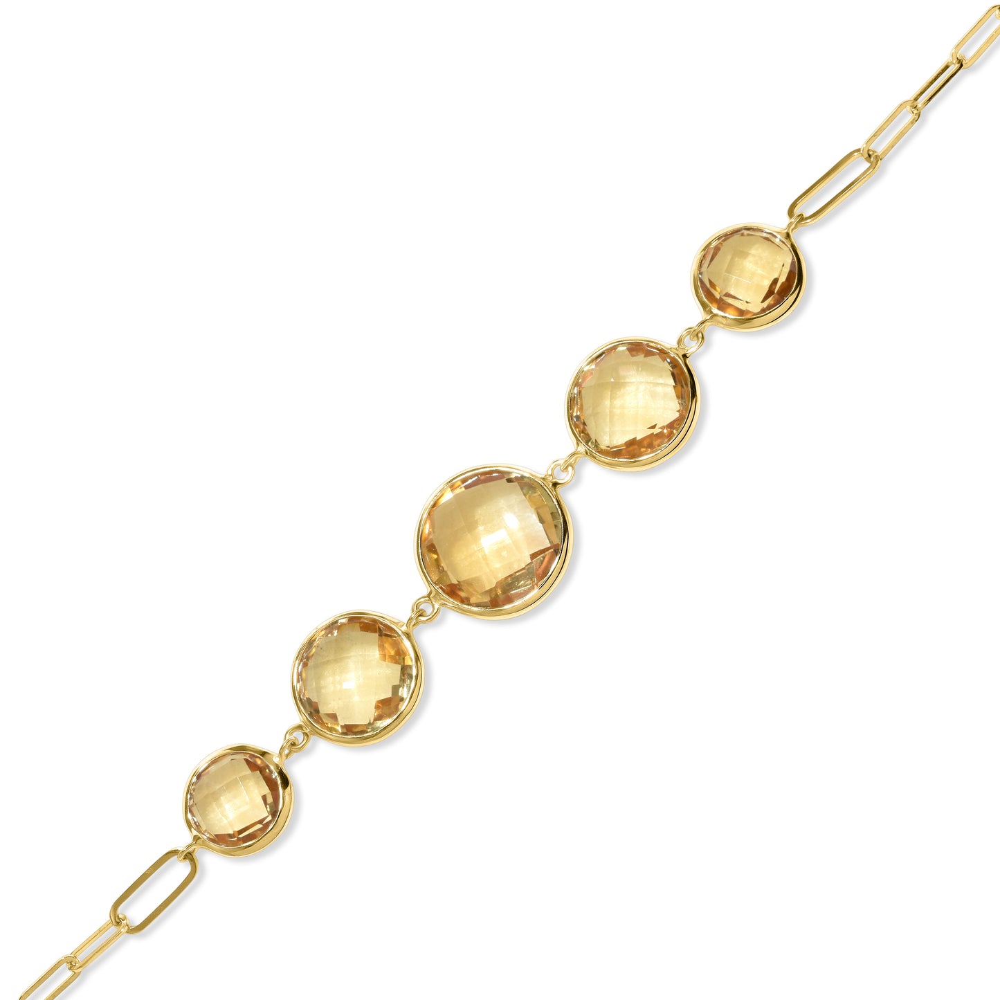 14k Citrine 5 Graduated Round Bezel Paperclip Bracelet