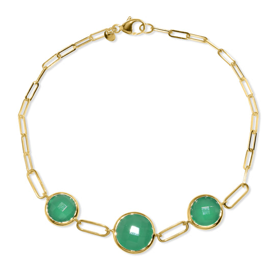 14k Green Onyx 3 Round Bezel Paperclip Bracelet