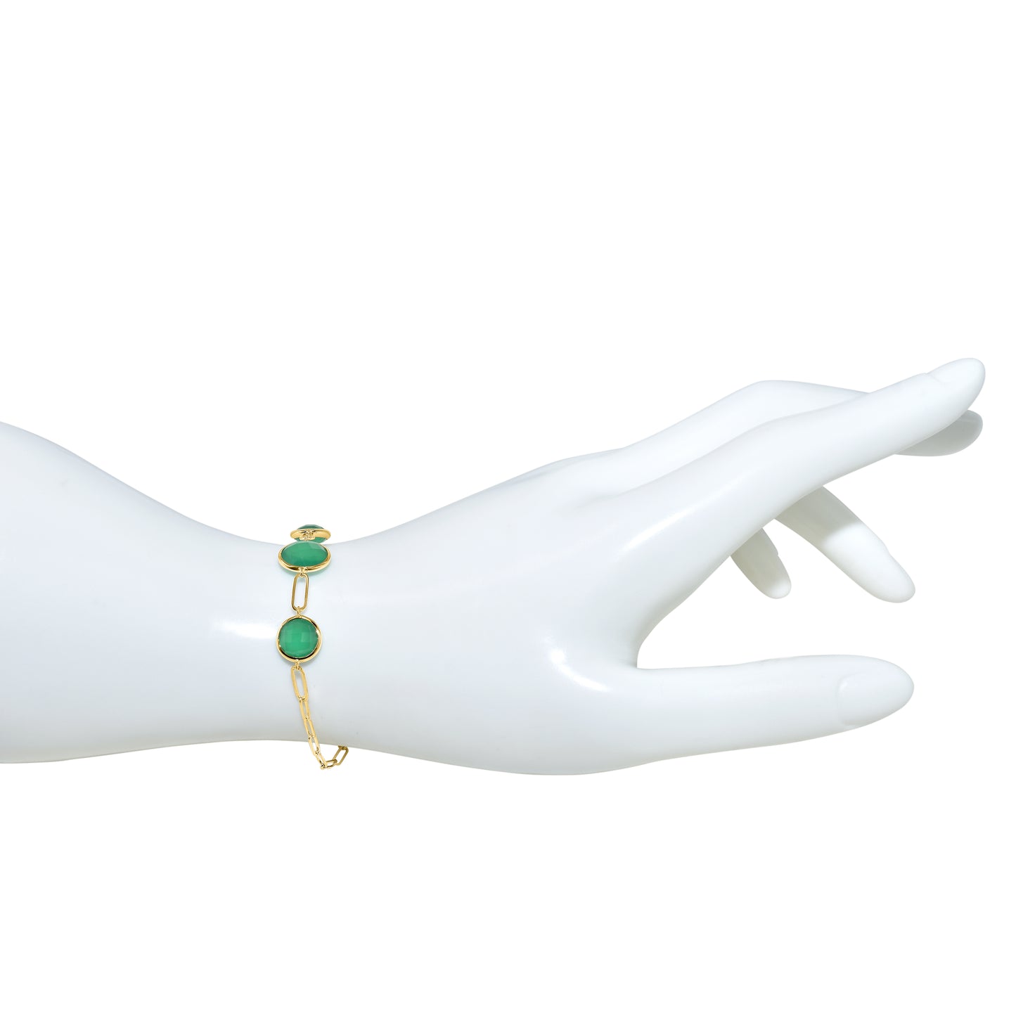 14k Green Onyx 3 Round Bezel Paperclip Bracelet