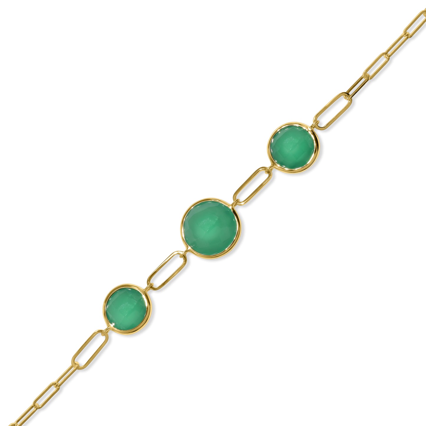 14k Green Onyx 3 Round Bezel Paperclip Bracelet