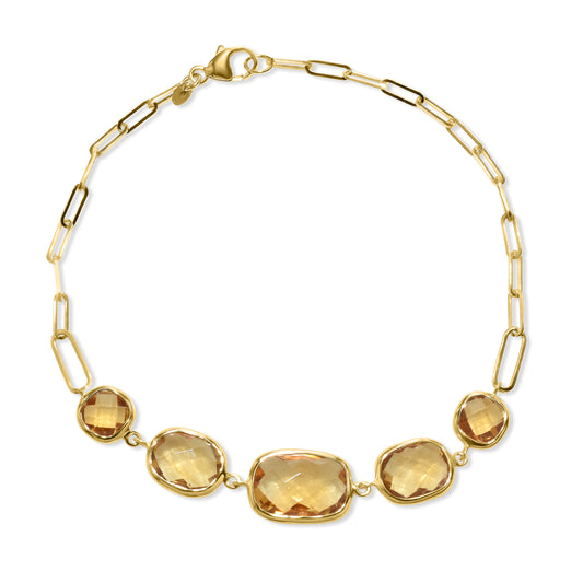 14k Citrine 5 Cushion Bezel Paperclip Bracelet