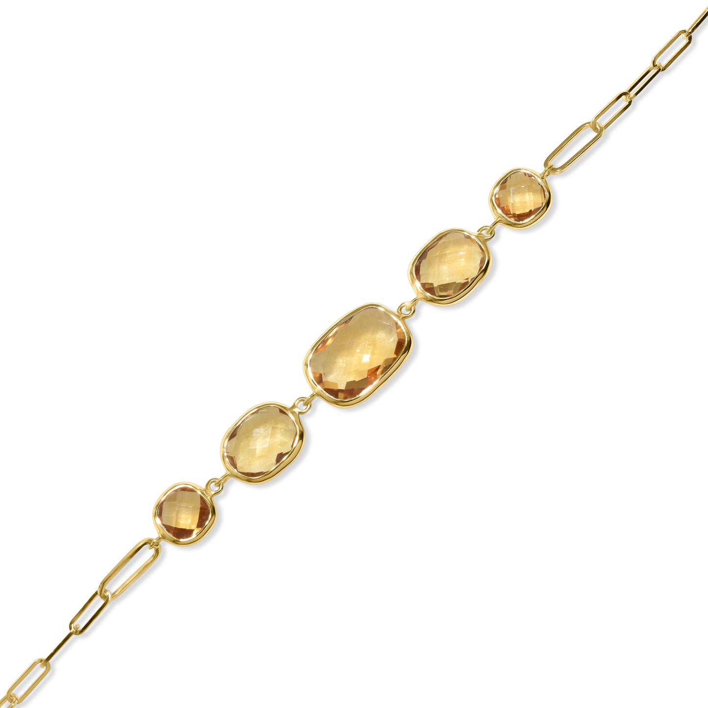 14k Citrine 5 Cushion Bezel Paperclip Bracelet