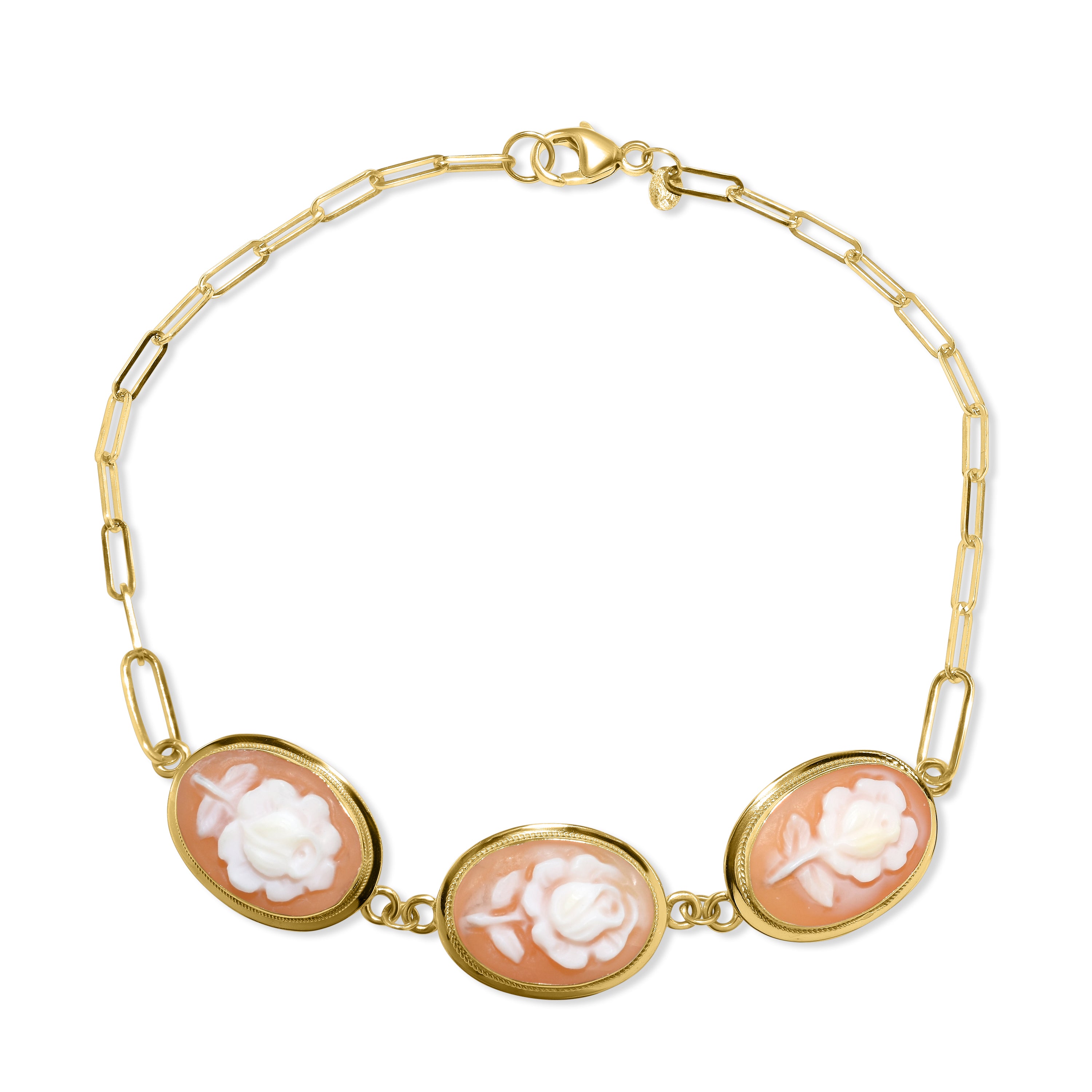 14k Flower Cameo Paperclip Bracelet