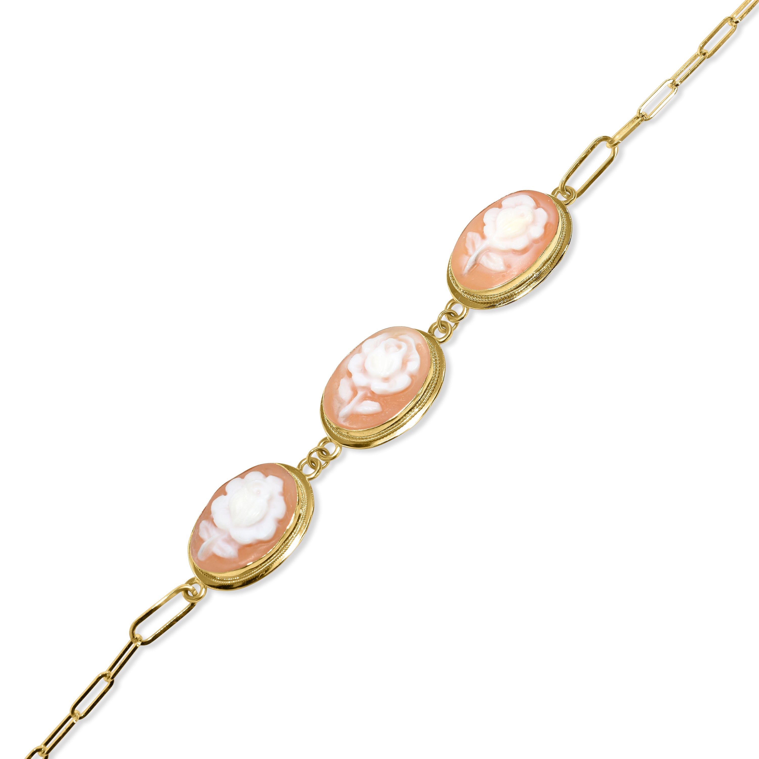 14k Flower Cameo Paperclip Bracelet