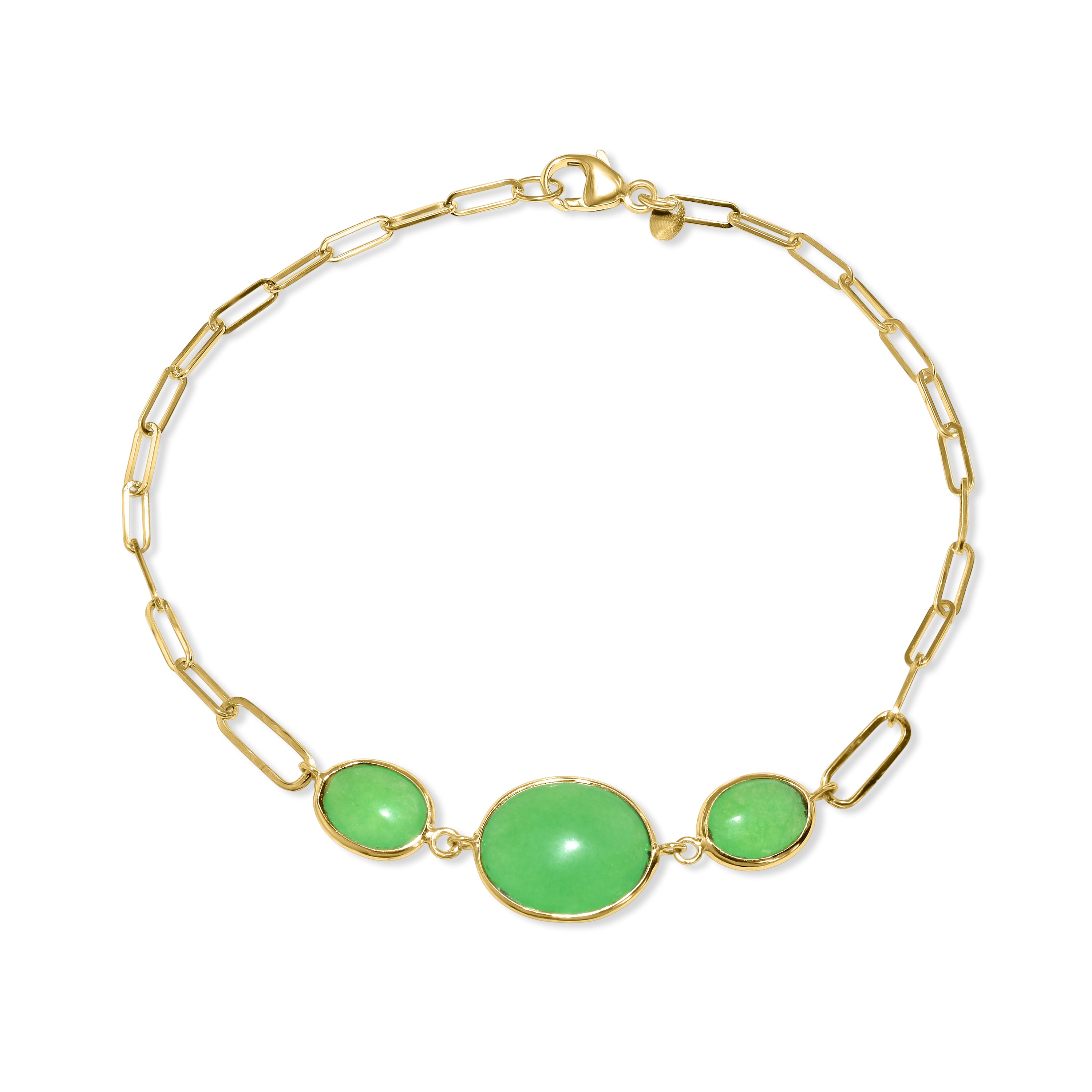 14k Green Jade 3 Oval Bezel Paperclip Bracelet
