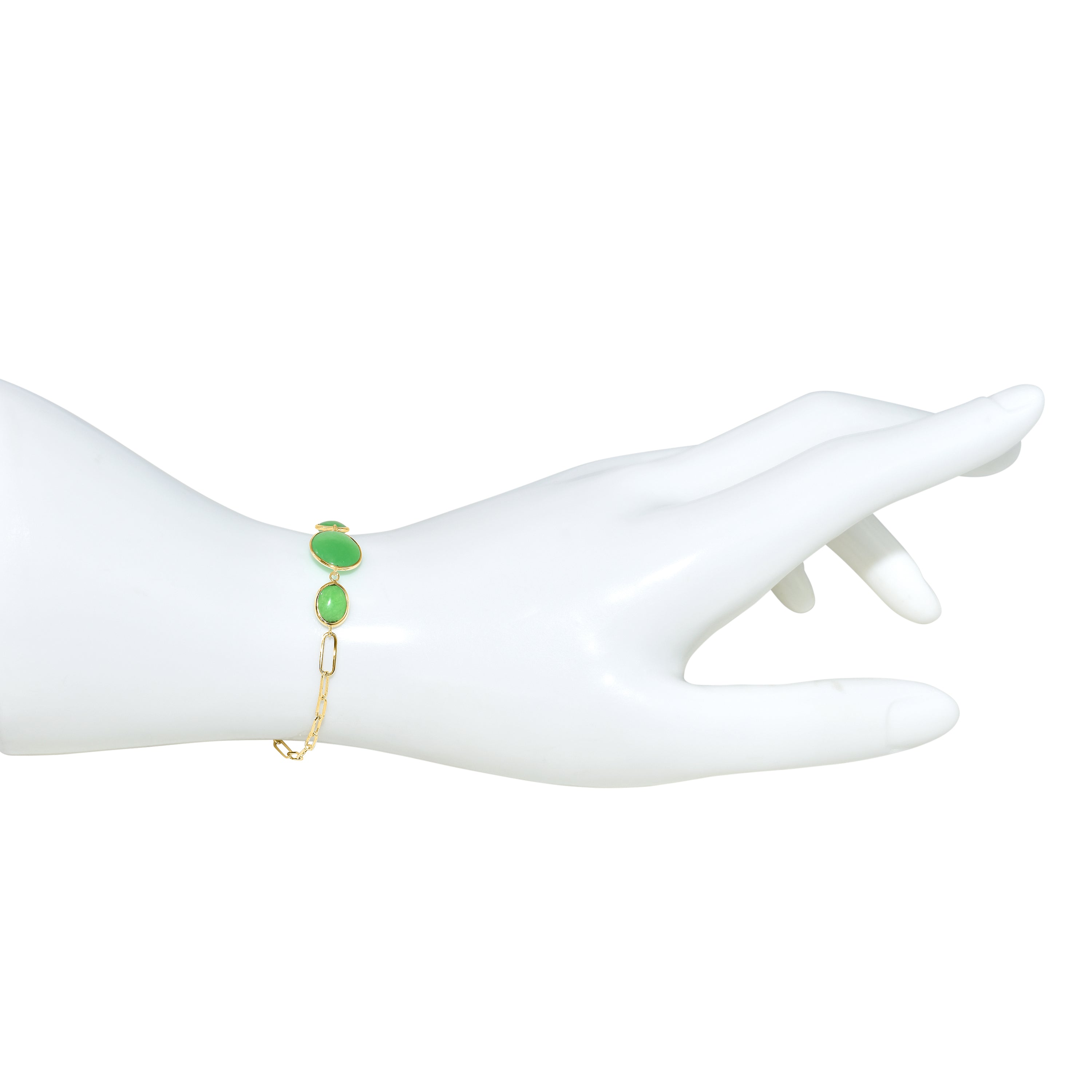 14k Green Jade 3 Oval Bezel Paperclip Bracelet