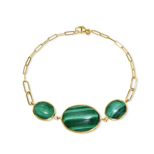 14k Malachite 3 Bezel Paperclip Bracelet