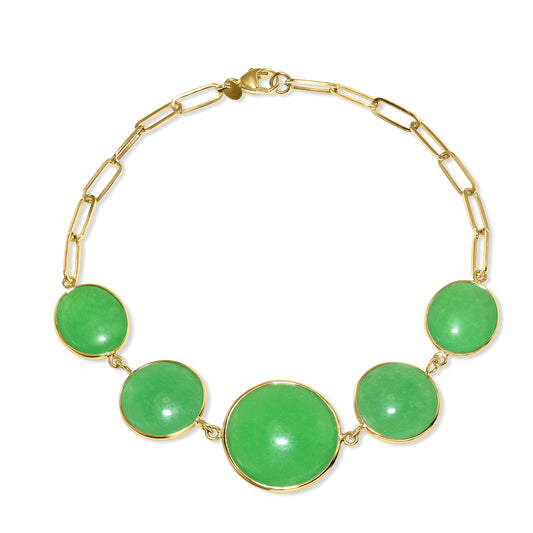 14k Green Jade 5 Bezel Paperclip Chain Bracelet