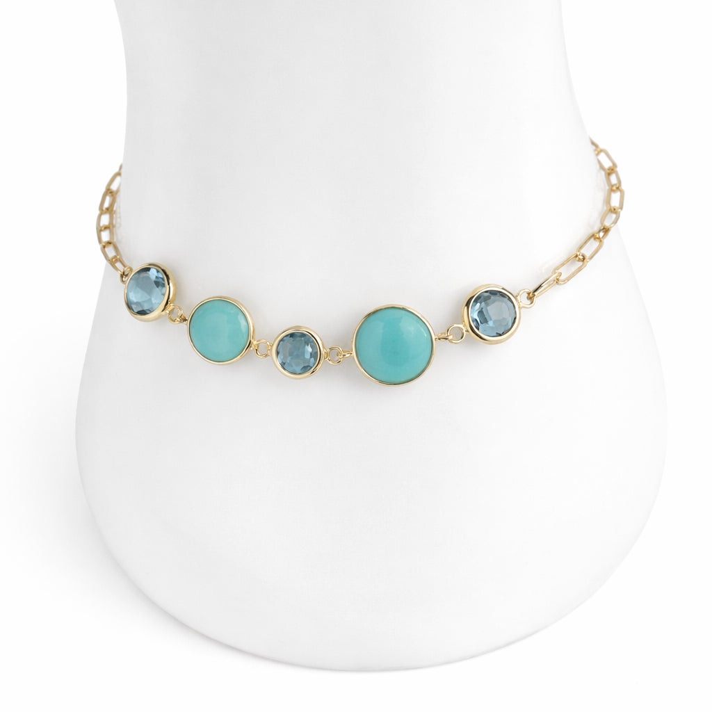 14k Swiss Blue Topaz & Turquoise Paperclip Chain Bracelet