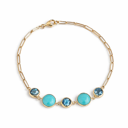 14k Swiss Blue Topaz & Turquoise Paperclip Chain Bracelet