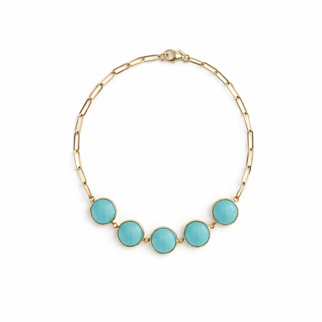 14k Turquoise 5 Round Bezel Paperclip Bracelet