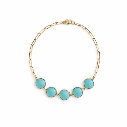 14k Turquoise 5 Round Bezel Paperclip Bracelet