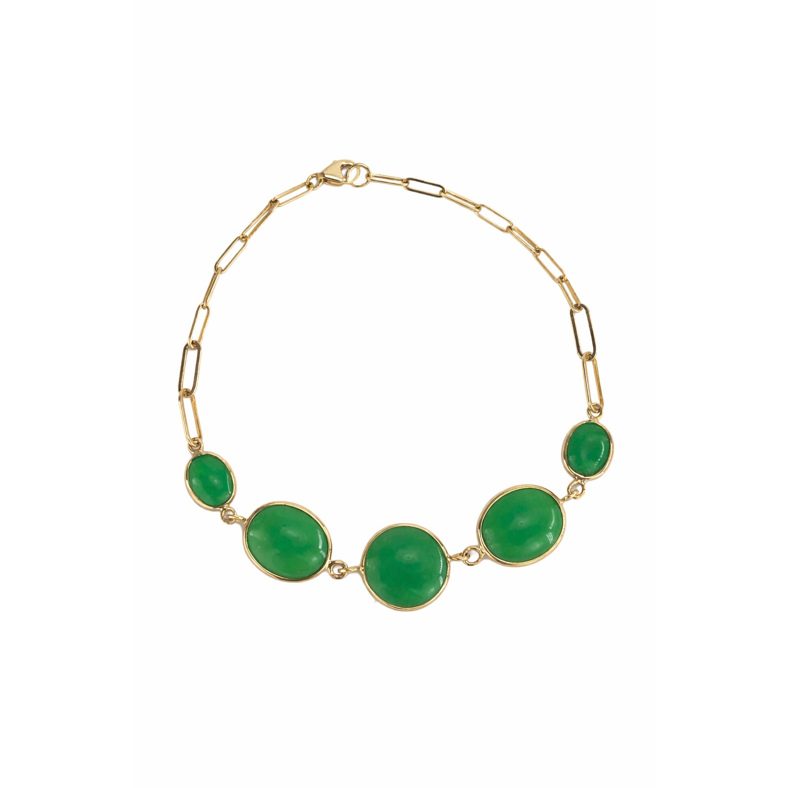 14k Green Jade 5 Bezel Paperclip Bracelet