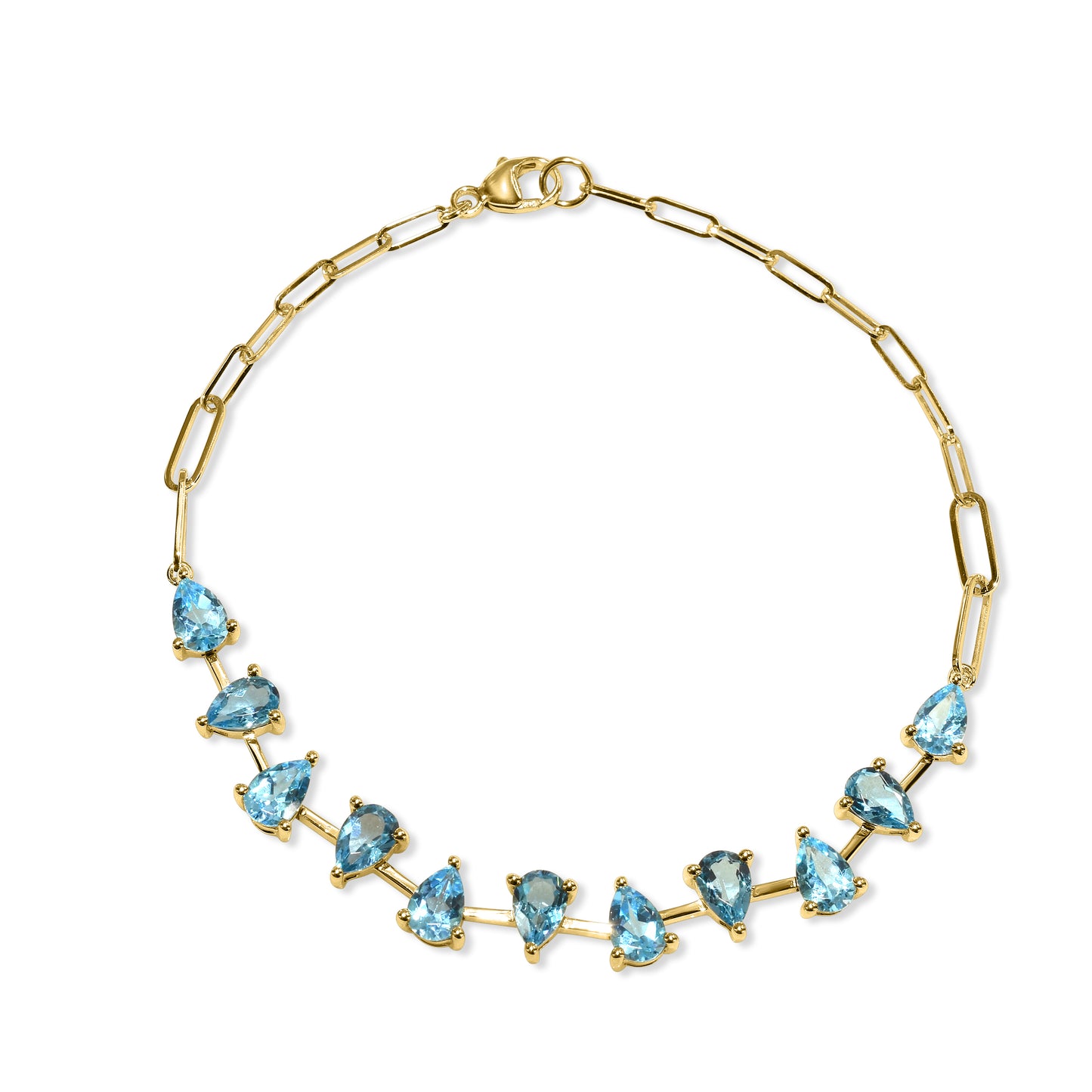 14k Swiss London Blue Topaz Pear Link 1x1 Paperclip Bracelet