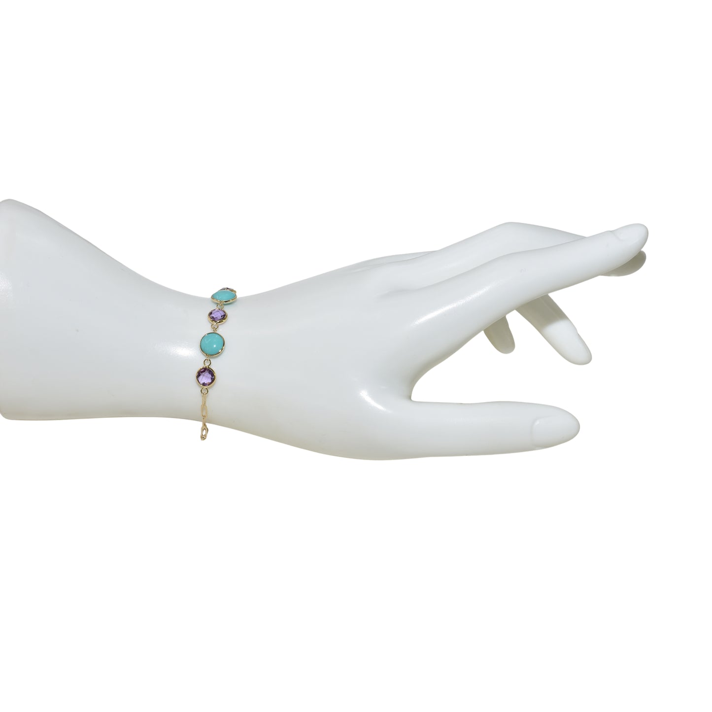 14k Amethyst Turquoise 5 Piece Link Paperclip Bracelet