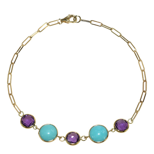 14k African Amethyst Turquoise 5 Piece Link Paperclip Bracelet