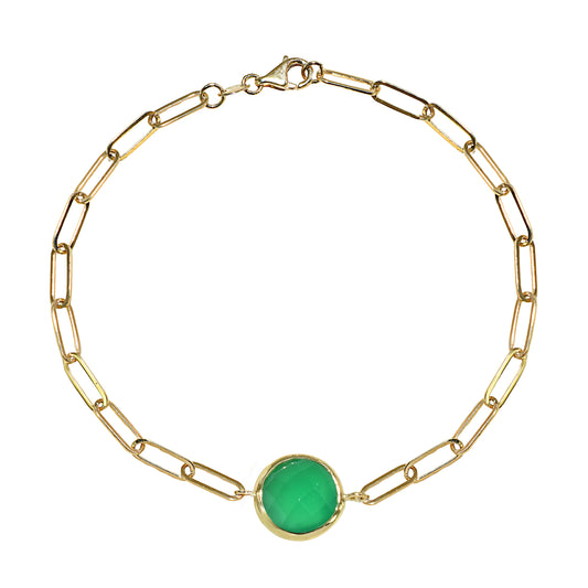 14k Green Onyx Round Bezel Paperclip Bracelet