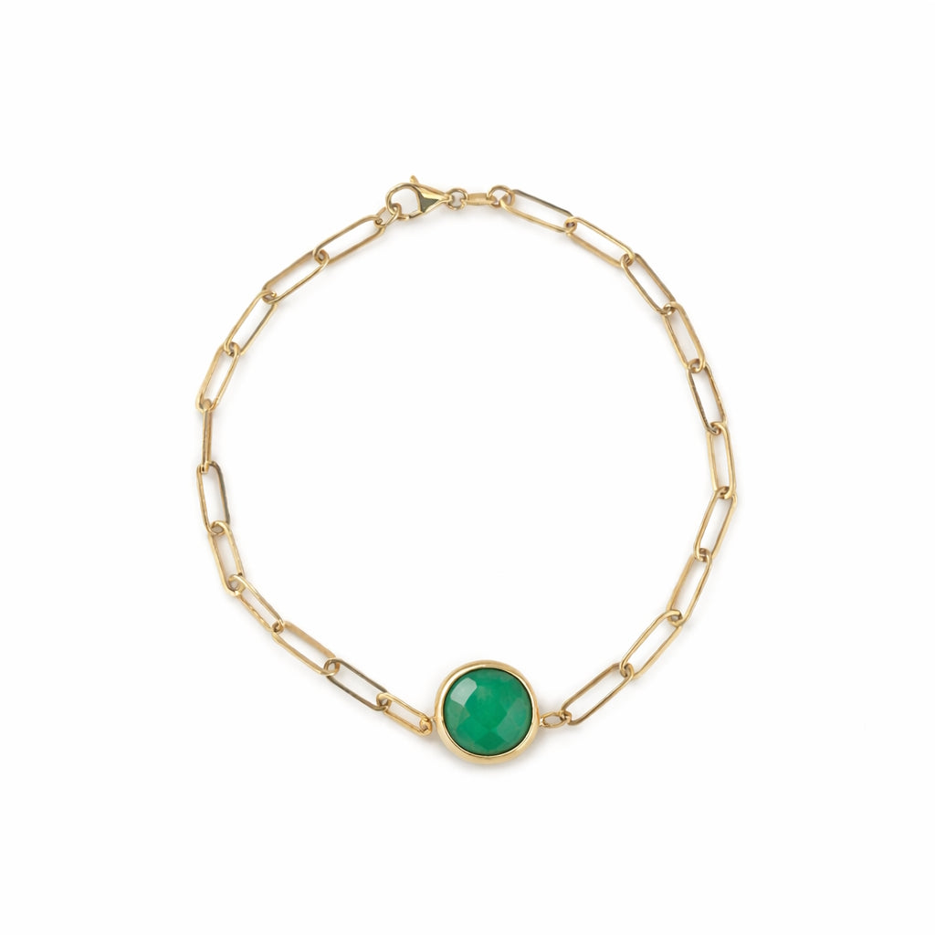14k Green Onyx Round Bezel Paperclip Bracelet