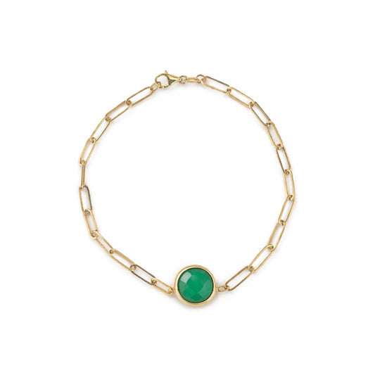 14k Green Onyx Round Bezel Paperclip Bracelet