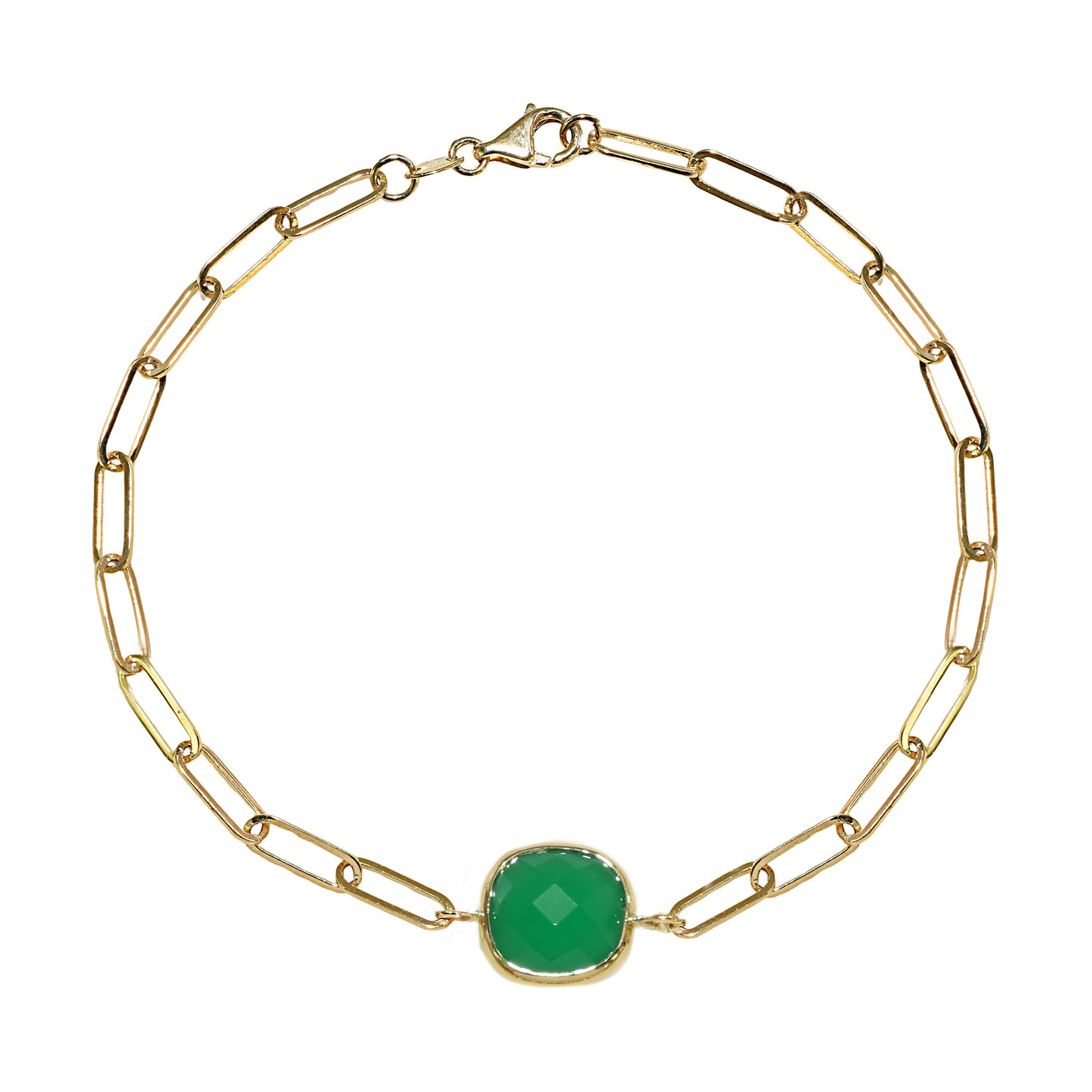 14k Green Onyx Cushion Bezel Paperclip Bracelet