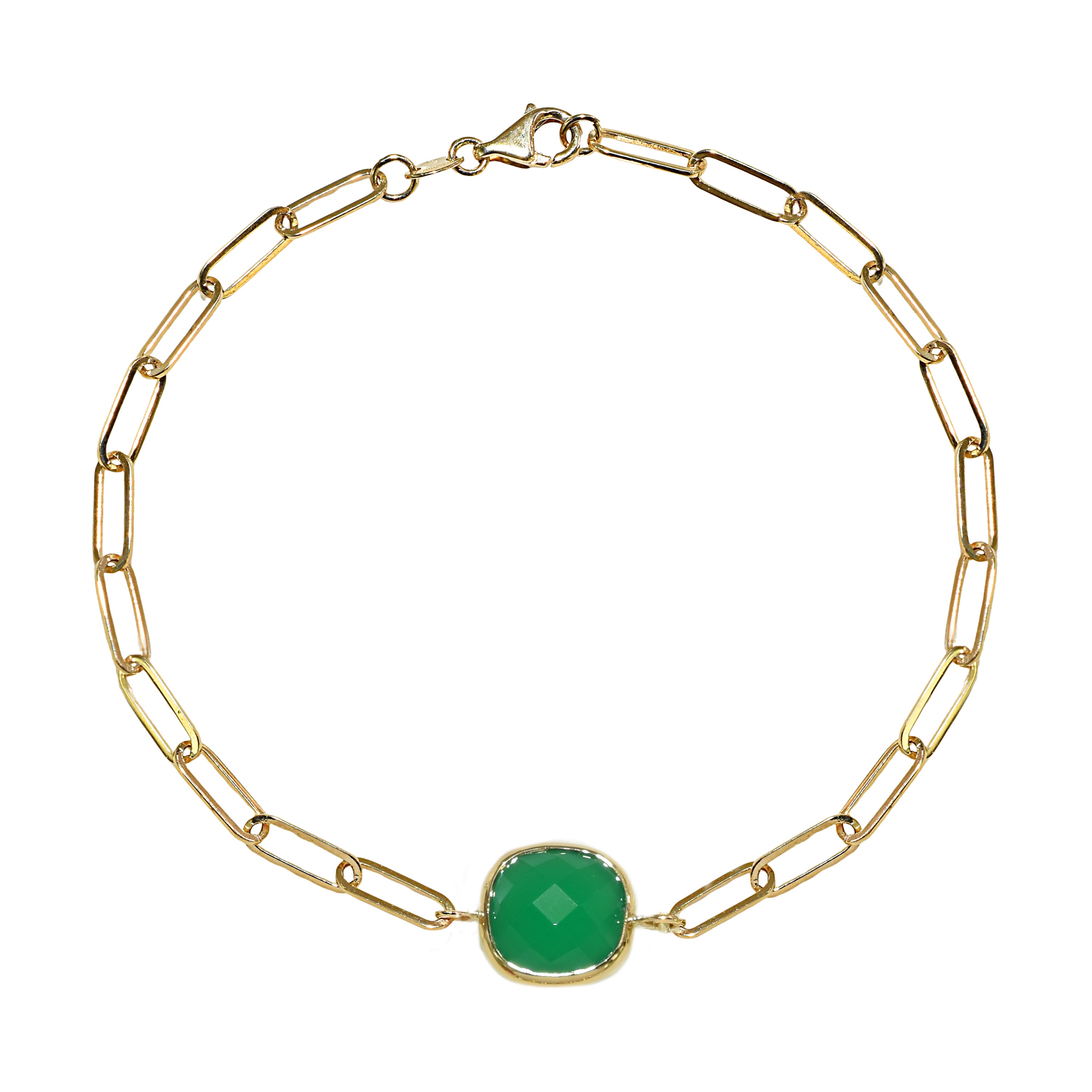 14k Green Onyx Cushion Bezel Paperclip Bracelet