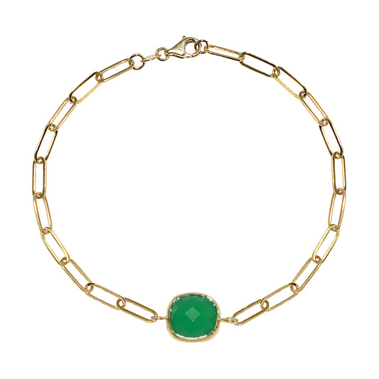 14k Green Onyx Cushion Bezel Paperclip Bracelet