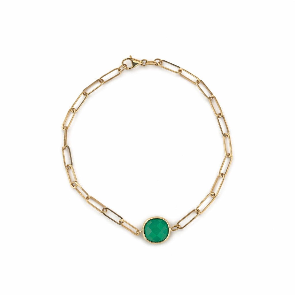 14k Green Onyx Cushion Bezel Paperclip Bracelet