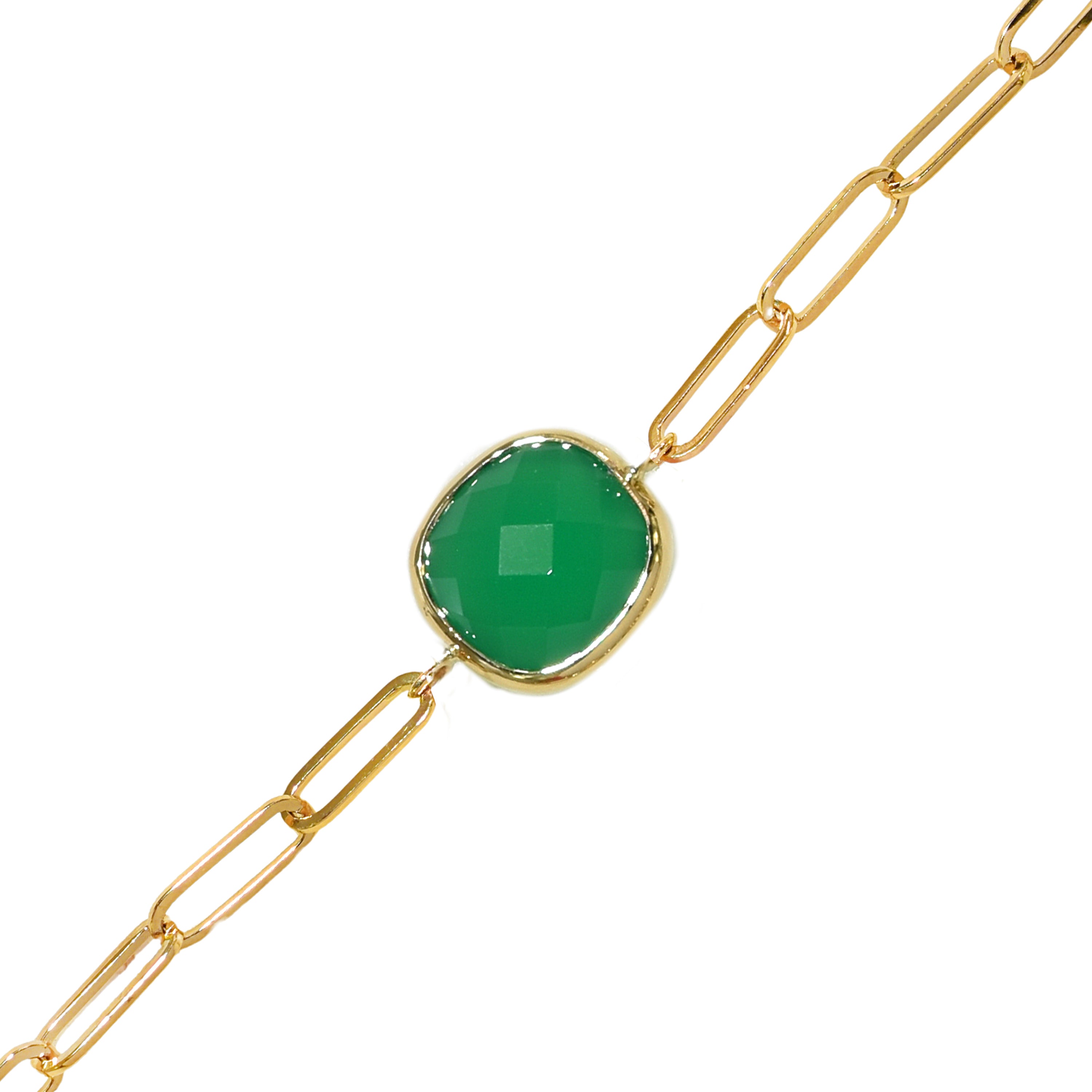 14k Green Onyx Cushion Bezel Paperclip Bracelet
