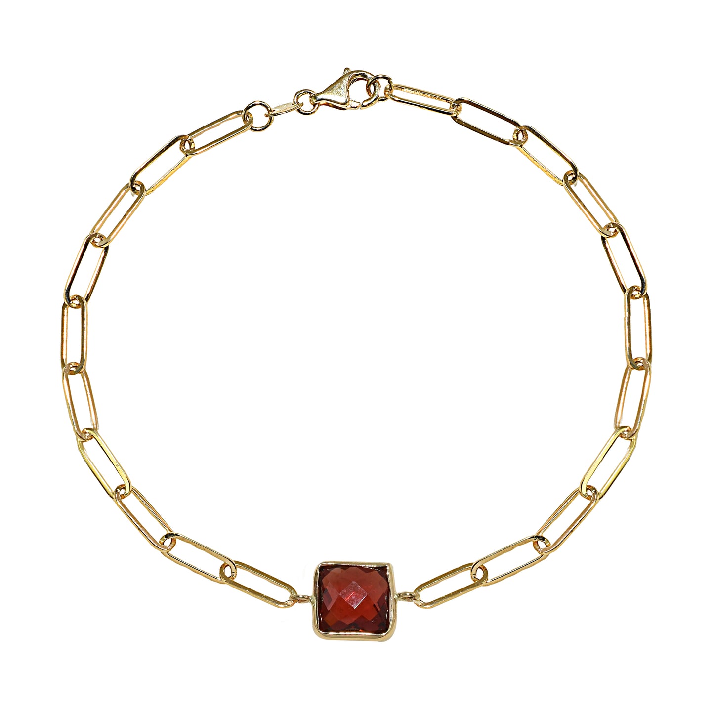 14k Garnet Square Paperclip Bracelet