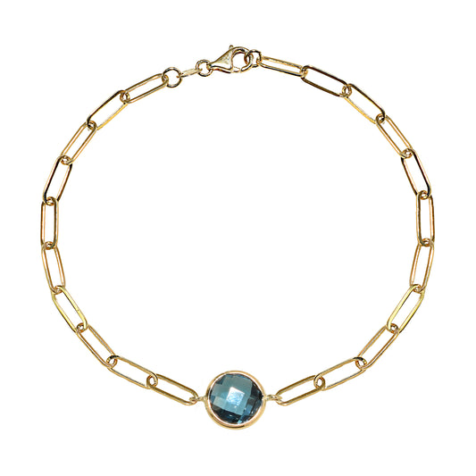 14k London Blue Topaz Round Paperclip Bracelet