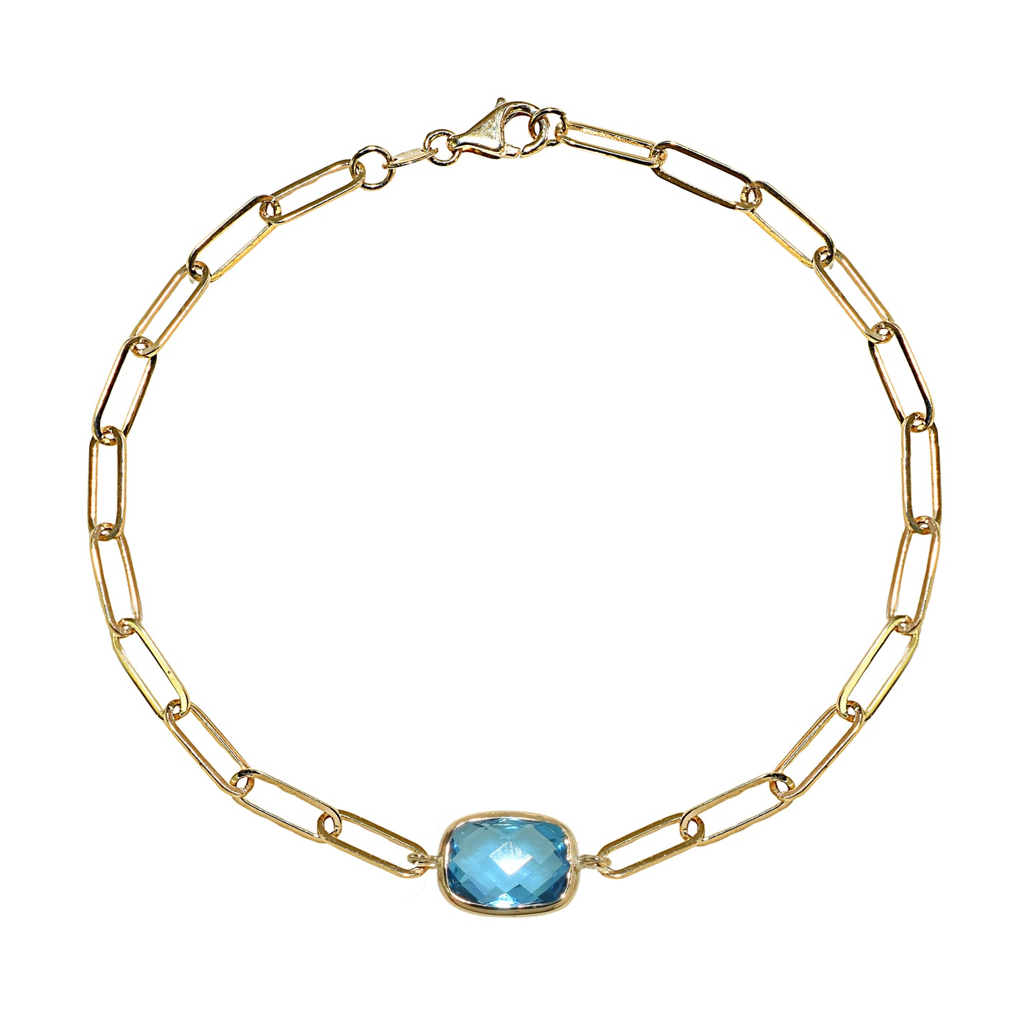 14k Swiss Blue Topaz Cushion Paperclip Bracelet
