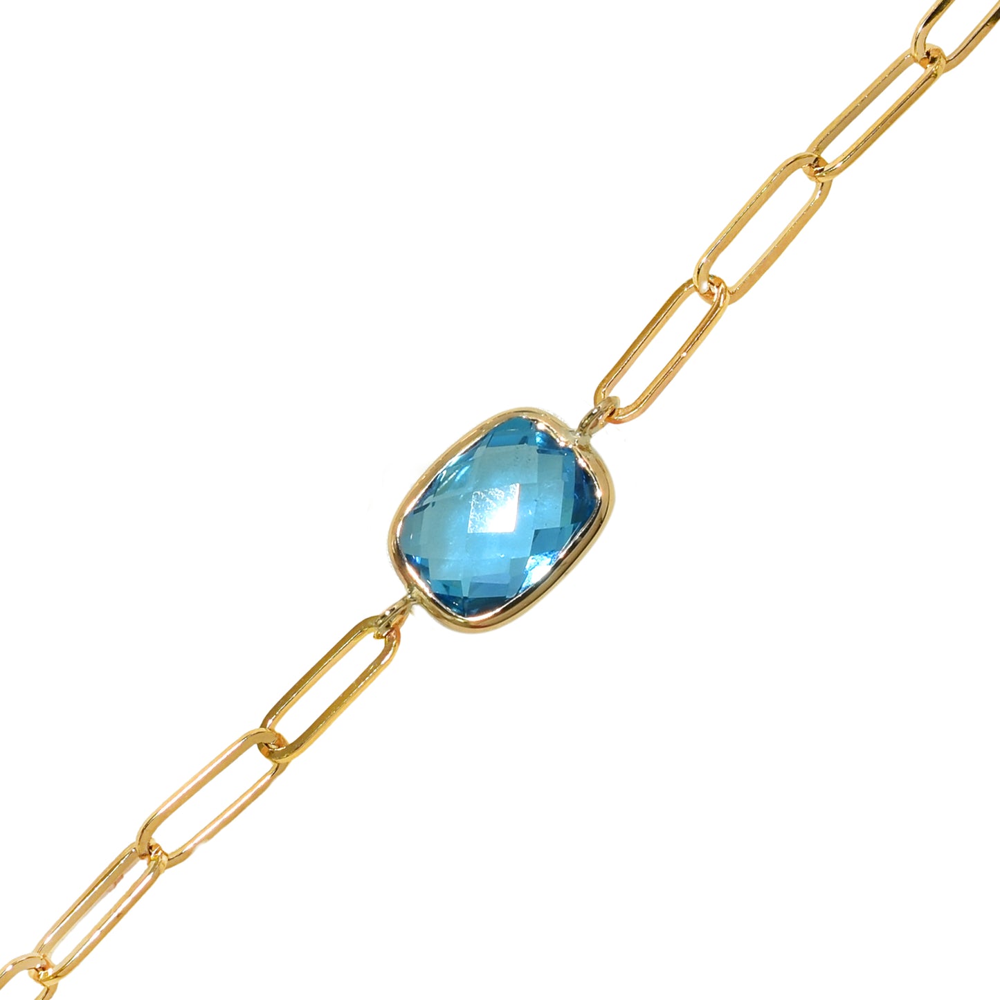 14k Swiss Blue Topaz Cushion Paperclip Bracelet