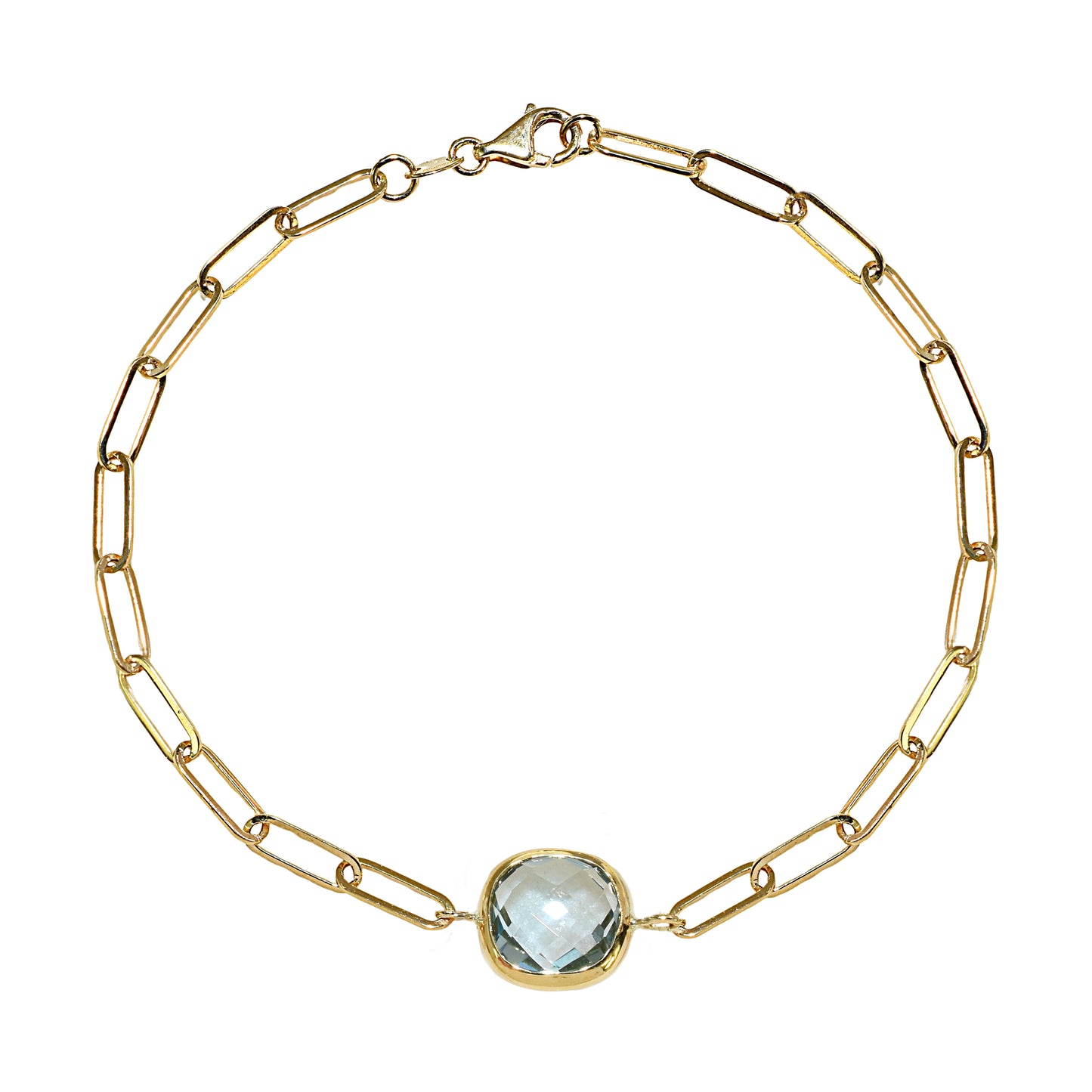 14k Blue Topaz Cushion Paperclip Bracelet