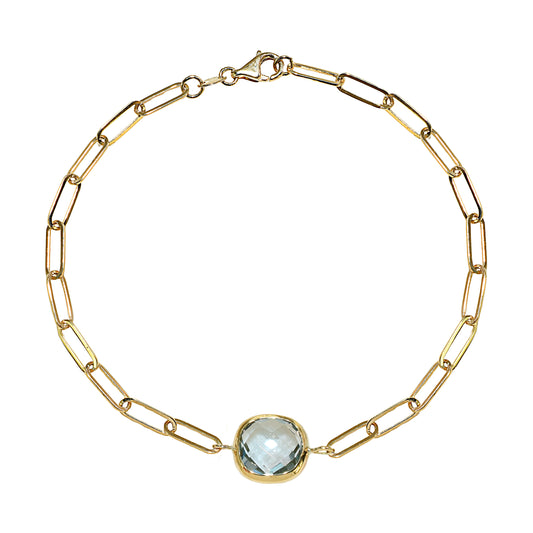 14k Blue Topaz Cushion Paperclip Bracelet